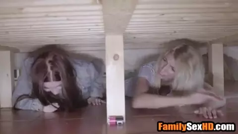 Stepsisters fucked by stepbrother after they got stuck under his bed